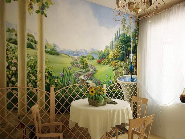 Sur la photo, papier peint photo structurel dans la cuisine