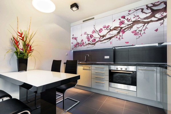 Une branche de sakura en fleurs dans les armoires de cuisine Une branche de sakura en fleurs dans les armoires de cuisine