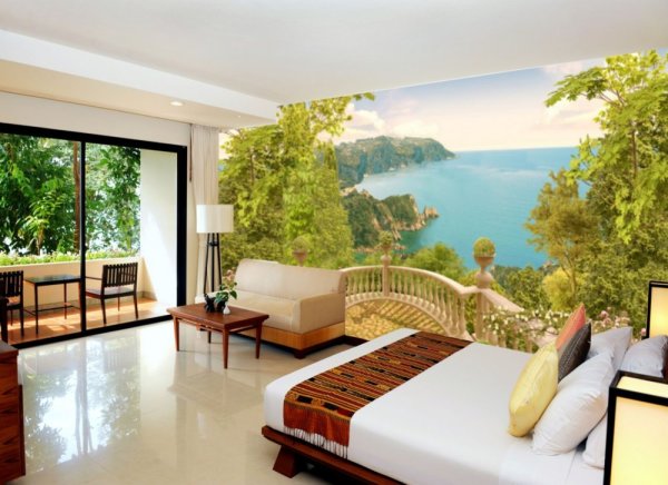 Peintures murales panoramiques avec une vue imprenable depuis le balcon, à l'intérieur de la chambre Peintures murales panoramiques avec une vue imprenable depuis le balcon, à l'intérieur de la chambre