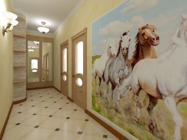 Papiers peints avec l'image de chevaux qui courent. Un beau dessin thématique qui s'intègre parfaitement à l'intérieur d'un grand hall d'entrée Papiers peints avec l'image de chevaux qui courent. Un beau dessin thématique qui s'intègre parfaitement à l'intérieur d'un grand hall d'entrée