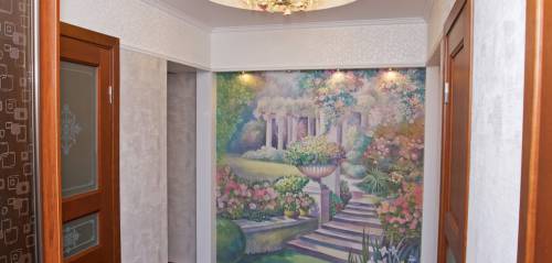 Peinture murale réalisée dans le style du dessin au pastel. La combinaison d'un beau paysage, sans prétention au naturel Peinture murale réalisée dans le style du dessin au pastel. La combinaison d'un beau paysage, sans prétention au naturel